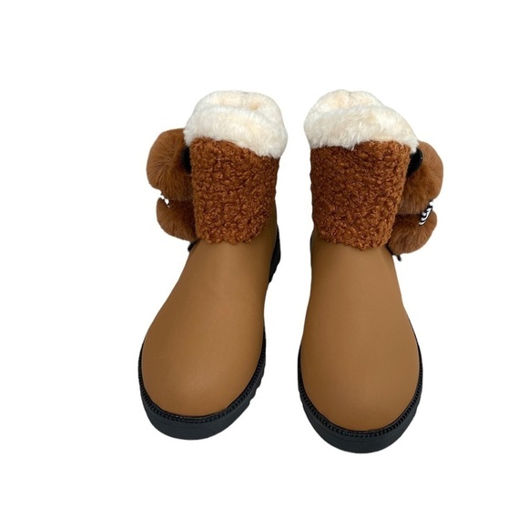 NEW Ankle Boots Brown Pom-Pom Bow Accent Faux Shearling Lined Plush Sz 36 - Picture 3 of 7